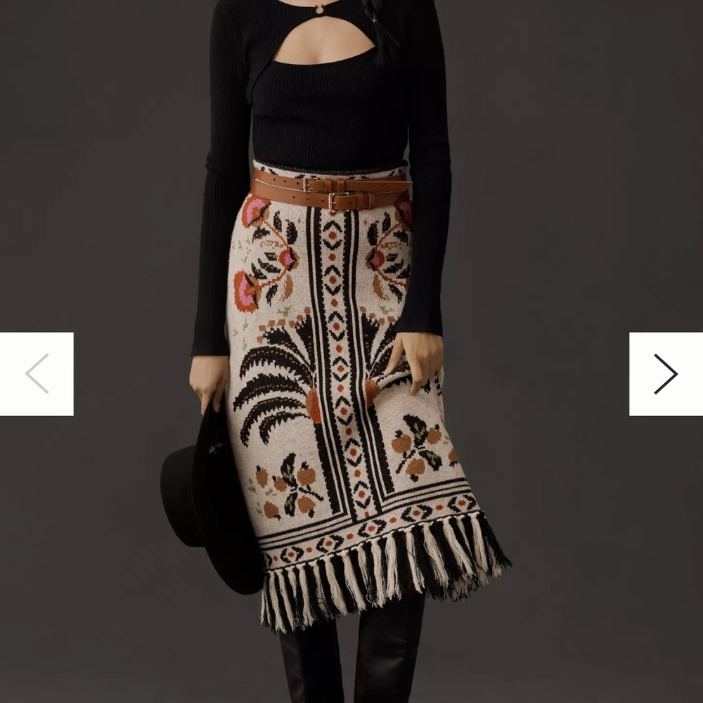 FARM Rio Ivory Floral Knit Pencil Skirt with Fringe